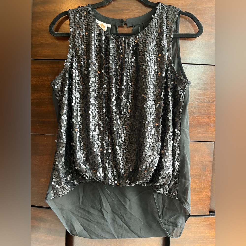Available Scoop Neck Sequin Sleeveless Black Top with sheer opened back size M